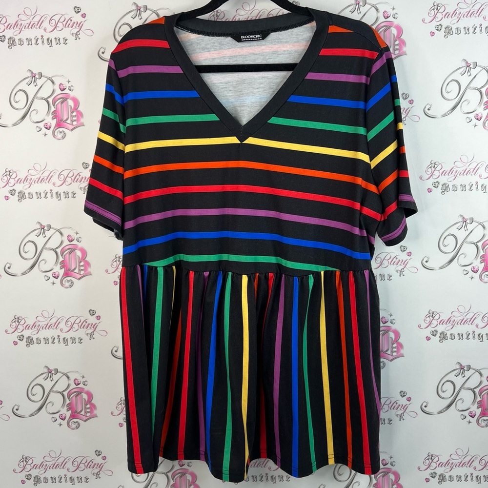 BloomChic tshirt peplum ruffle hem rainbow 🌈 Soft multicolor striped stripes